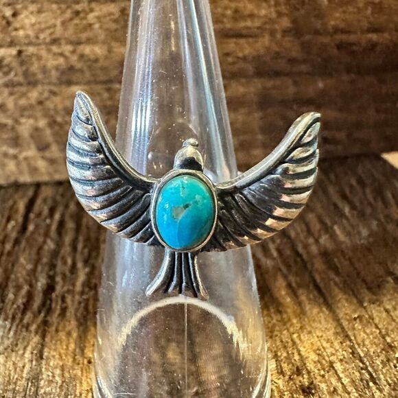 Eagle Emblem Turquoise Sterling Silver Ring – Handcrafted Native American Jewel - Picture 10 of 11
